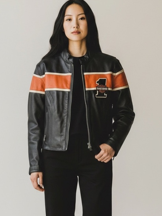 Harley-Davidson Jackets & Blazers - Harley Davidson Womens VICTORY LANE Leather Jacket Orange Stripe Size Small